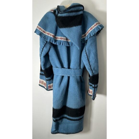 Vtg Early’s Of Witney Blue Wool Floral Fringe Collar Hood Duster Coat Belted Lg